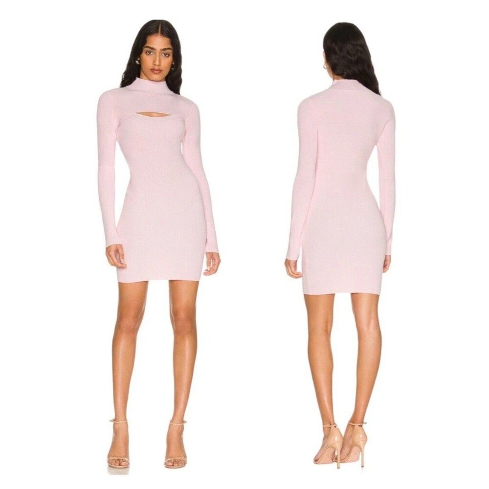 BARDOT Women's Rory Light Pink Rib-Knit Bodycon Dress Long Sleeves Cutout Size M